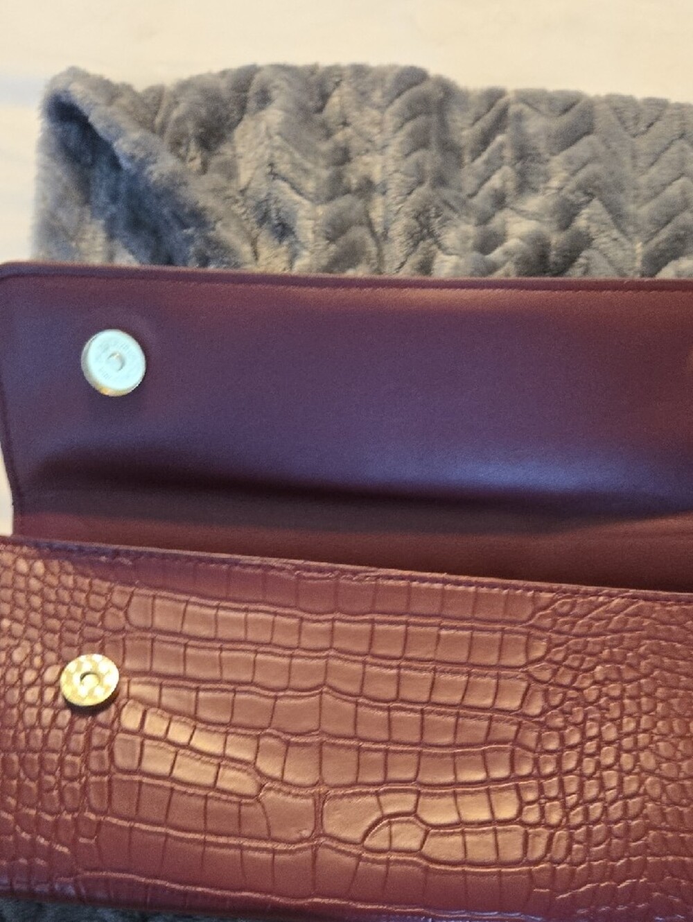 Croc-Embossed Barrel Wristlet Clutch in Deep Burgundy with Gold Hardware - Picture 4 of 7
